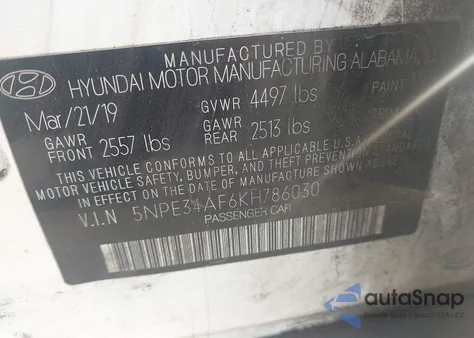 2019 Hyundai Sonata Sport из США, поврежденный, VIN 5NPE34AF6KH786030